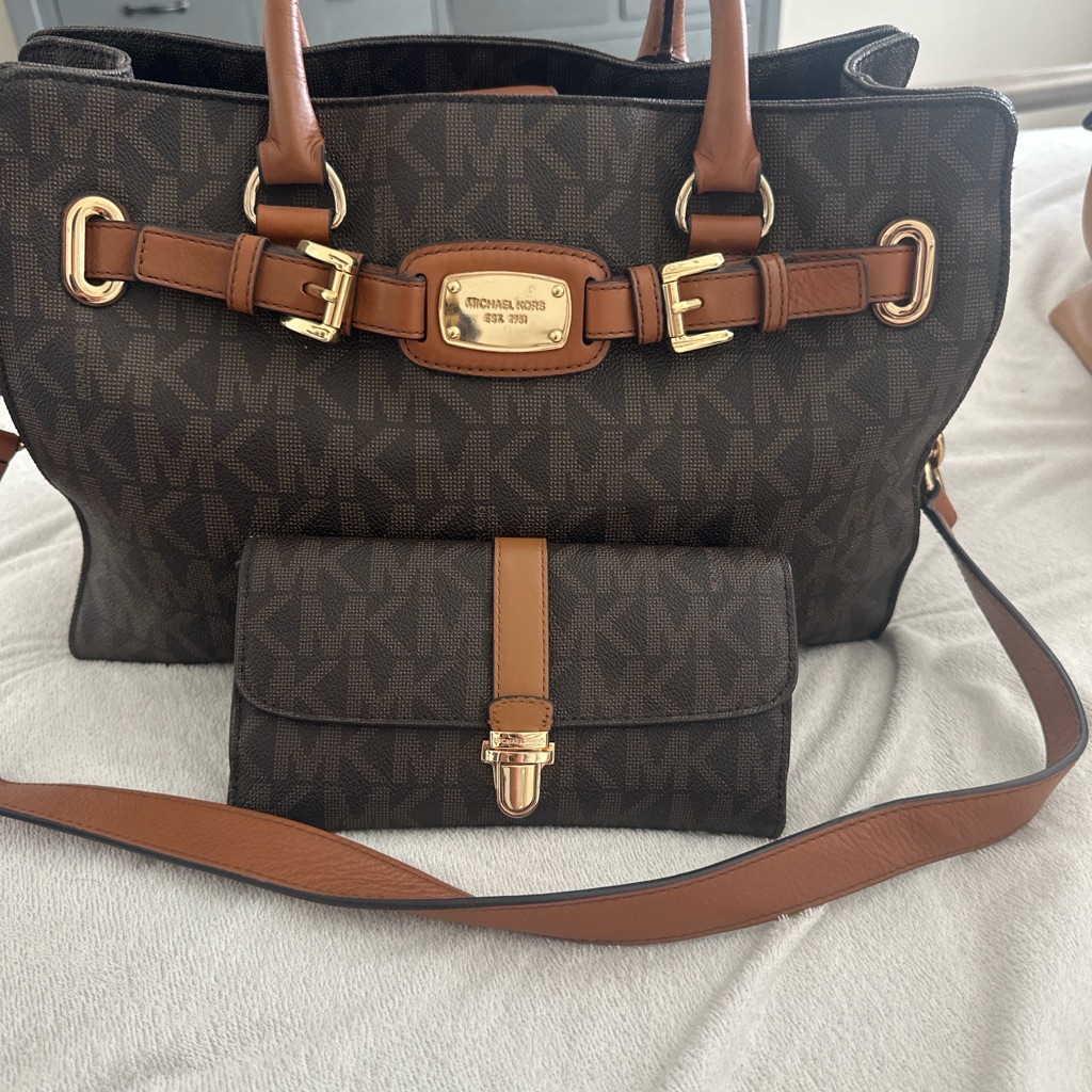Michael Kors Brown & Tan Monogram Tote With Matching Wallet